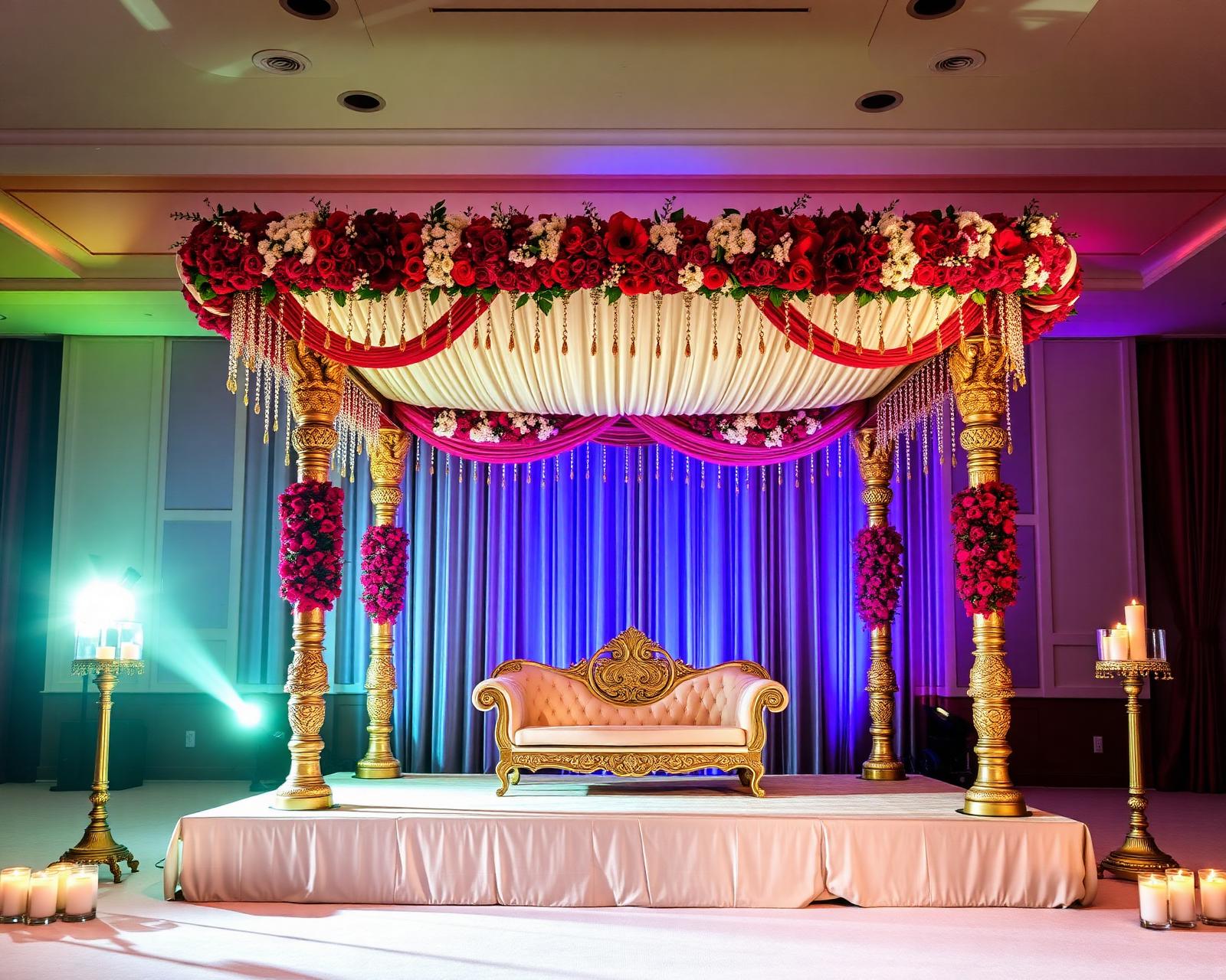 Luxury Asian wedding stage with red and gold florals at a London venue
